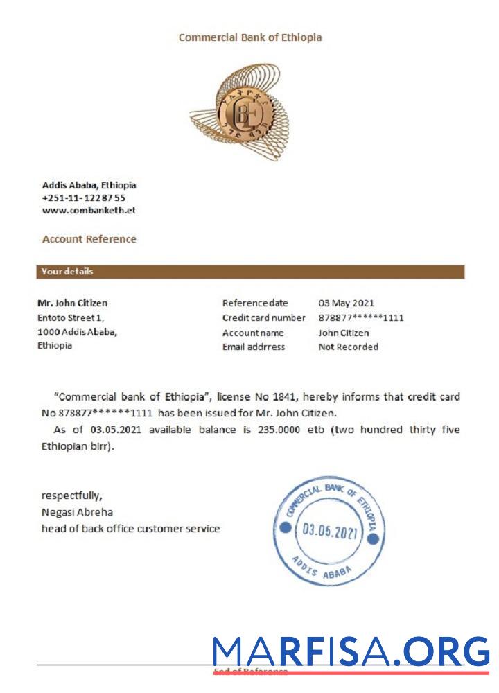 Blank Ethiopia Commercial Bank reference real example